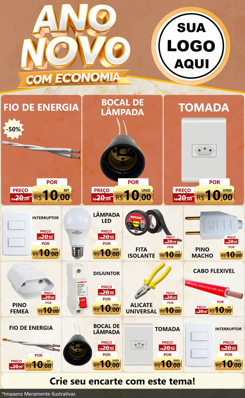 Modelo de Encarte para Encarte Grande com o tema Ano Novo Com Economia para Materiais Elétricos