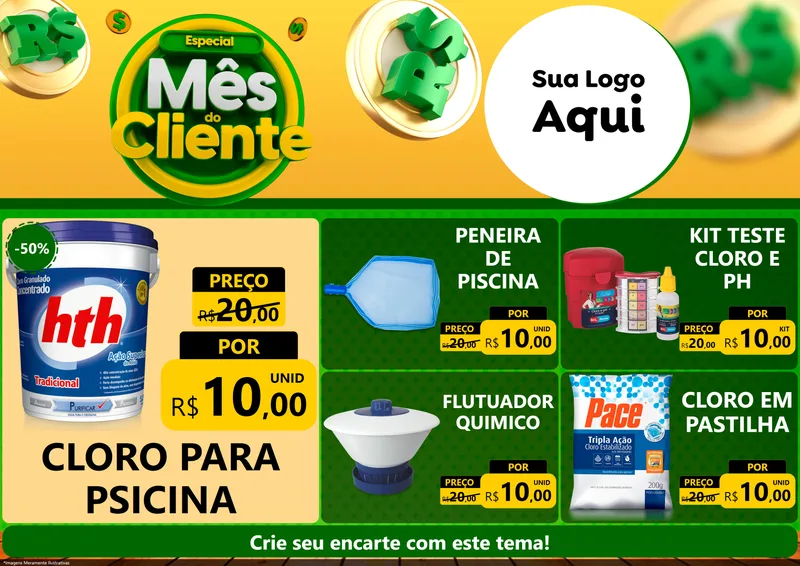 Modelo de Encarte para Encarte A4 Horizontal com o tema Especial Mês do Cliente para Produtos para Piscina