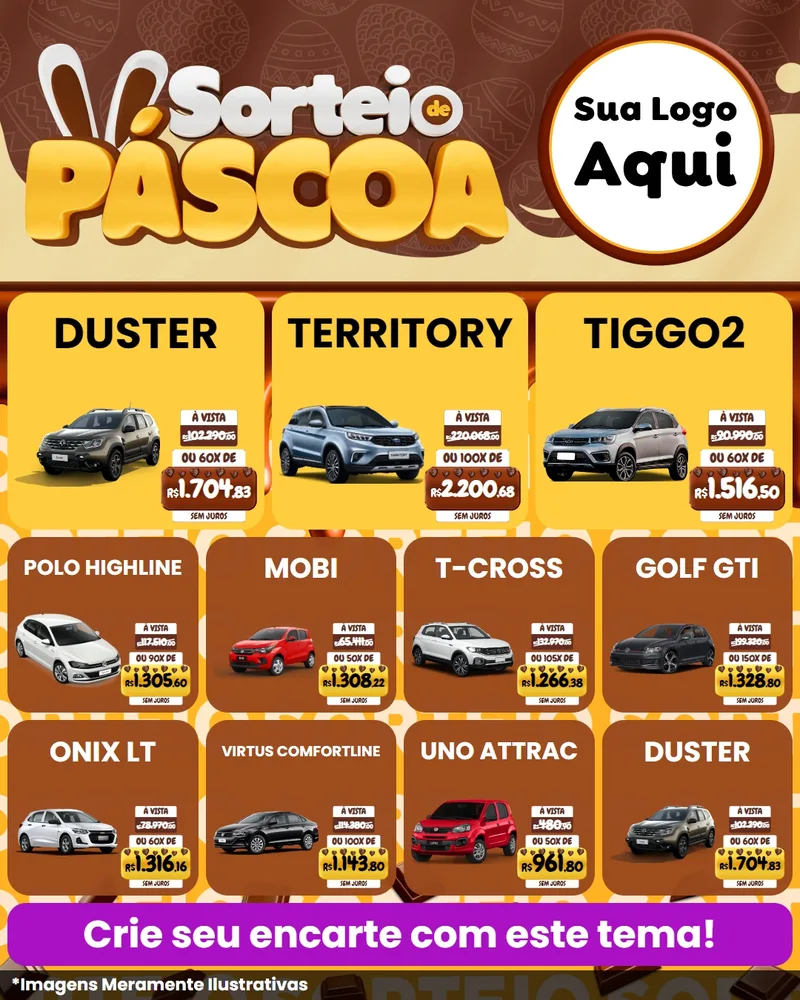 Modelo de Rede Social para Feed Instagram com o tema Sorteio de Páscoa para Concessionaria de Carros