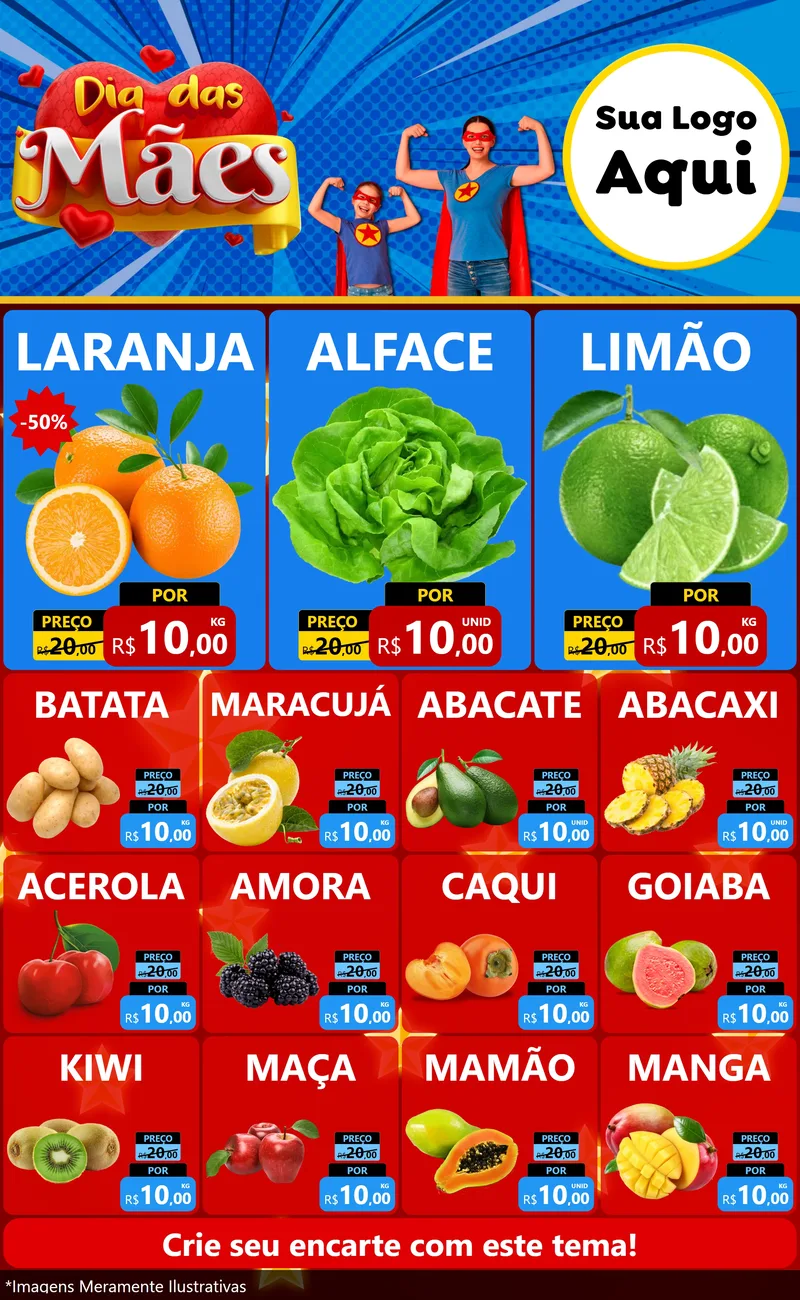 Modelo de Encarte para Encarte Grande com o tema Dia das Mães para Hortifrúti