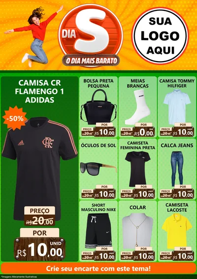 Modelo de Encarte para Encarte A4 Vertical com o tema Dia S - O Dia Mais Barato para Roupas e acessórios