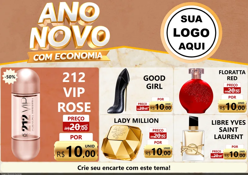 Modelo de Encarte para Encarte A4 Horizontal com o tema Ano Novo Com Economia para Perfumes