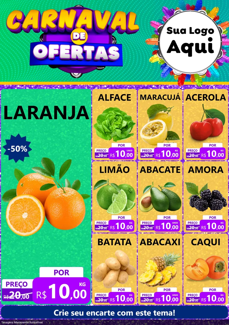 Modelo de Encarte para Encarte A4 Vertical com o tema Carnaval de Ofertas para Hortifrúti