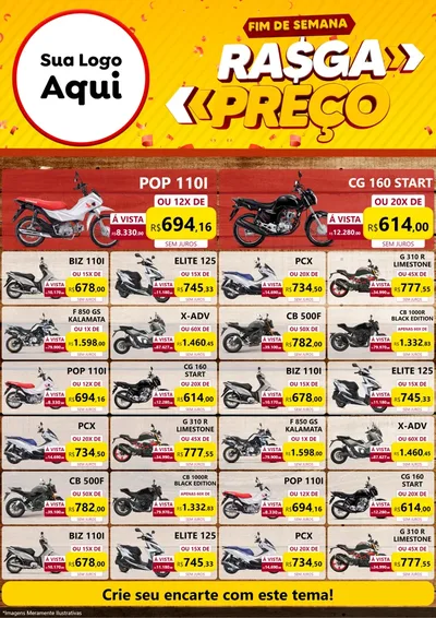 Modelo de Encarte para Encarte A4 Vertical com o tema Fim de Semana Rasga Preços para Concessionaria de Motos