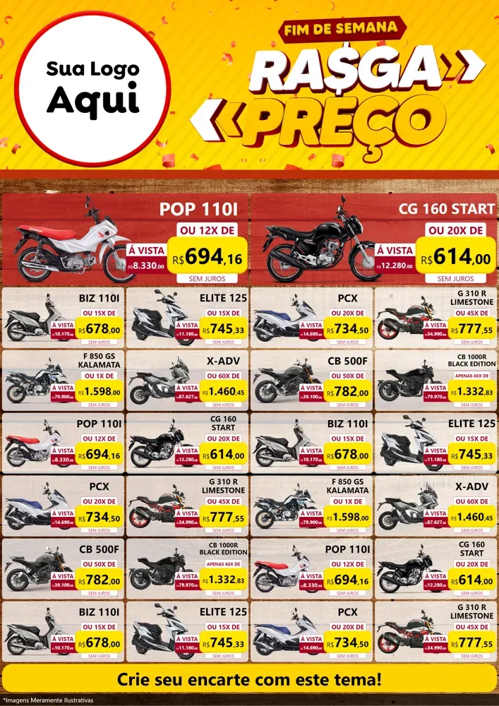 Modelo de Encarte para Encarte A4 Vertical com o tema Fim de Semana Rasga Preços para Concessionaria de Motos