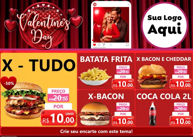 Modelo de Encarte para Encarte A4 Horizontal com o tema Valentine's Day para Hamburgueria