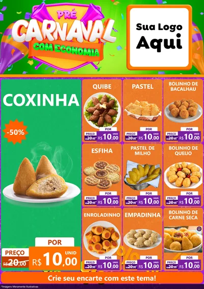 Modelo de Encarte para Encarte A4 Vertical com o tema Pré-Carnaval Com Economia para Salgadaria
