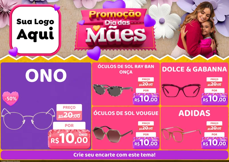 Modelo de Encarte para Encarte A4 Horizontal com o tema Promoção Dia das Mães para Óticas