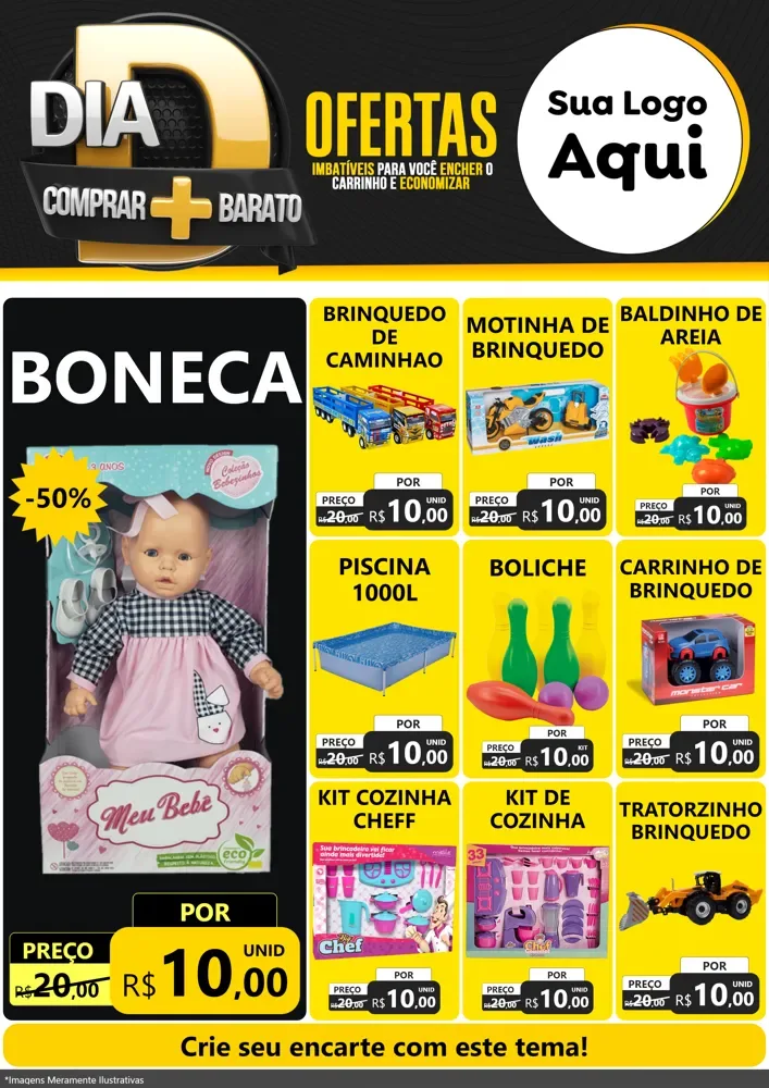 Modelo de Encarte para Encarte A4 Vertical com o tema Dia D Mais Economia para Brinquedos