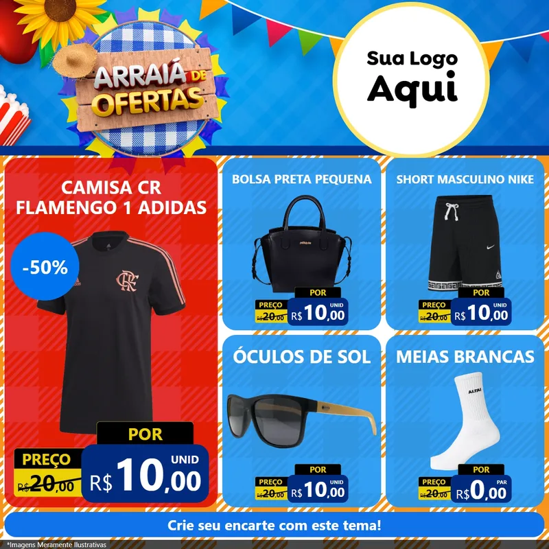 Modelo de Rede Social para Feed Facebook com o tema Arraiá de Ofertas para Roupas e acessórios