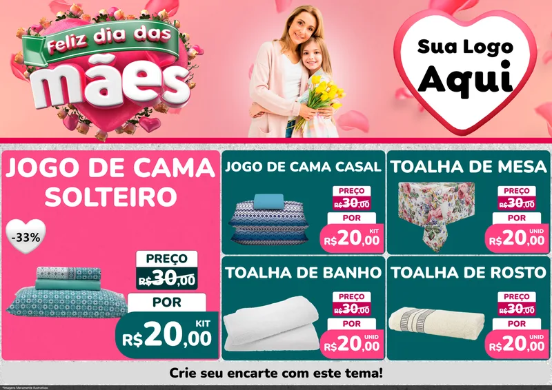 Modelo de Encarte para Encarte A4 Horizontal com o tema Feliz Dia das Mães para Cama, Mesa e Banho