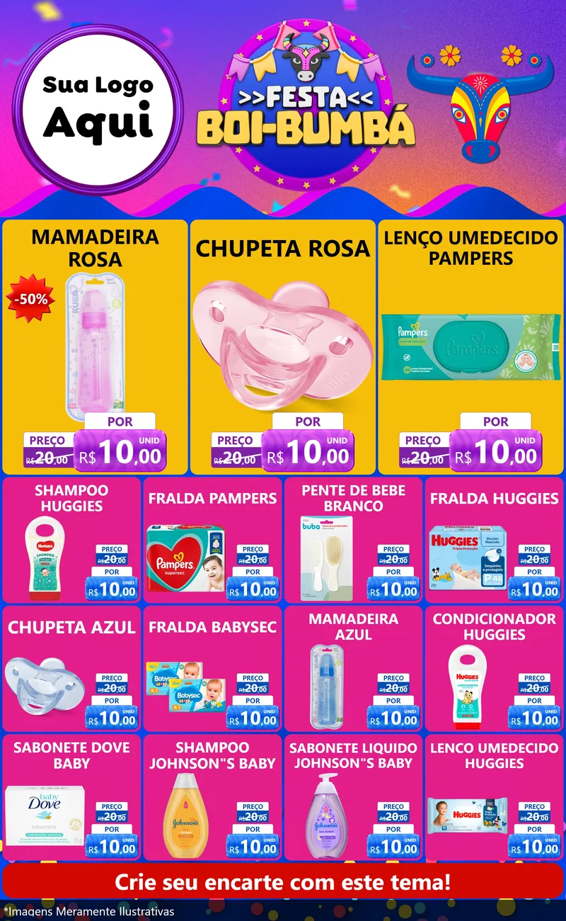 Modelo de Encarte para Encarte Grande com o tema Festa Boi-Bumbá para Bebês