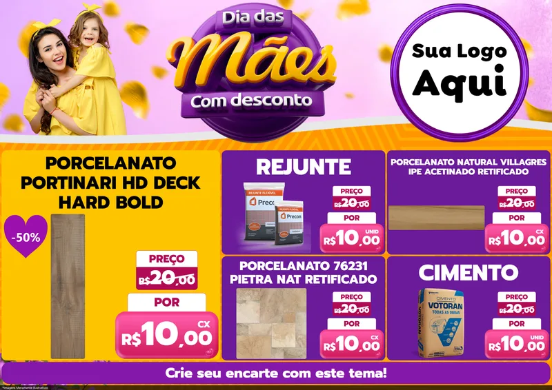 Modelo de Encarte para Encarte A4 Horizontal com o tema Dia das Mães com Desconto para Pisos e revestimentos