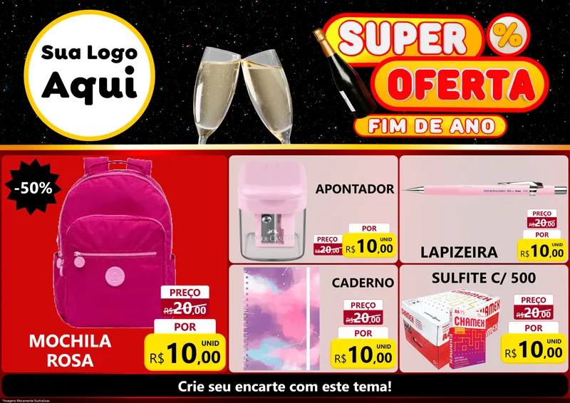 Modelo de Encarte para Encarte A4 Horizontal com o tema Super Oferta Fim de Ano para Papelaria