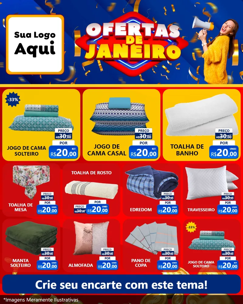 Modelo de Rede Social para Feed Instagram com o tema Ofertas de Janeiro para Cama, Mesa e Banho