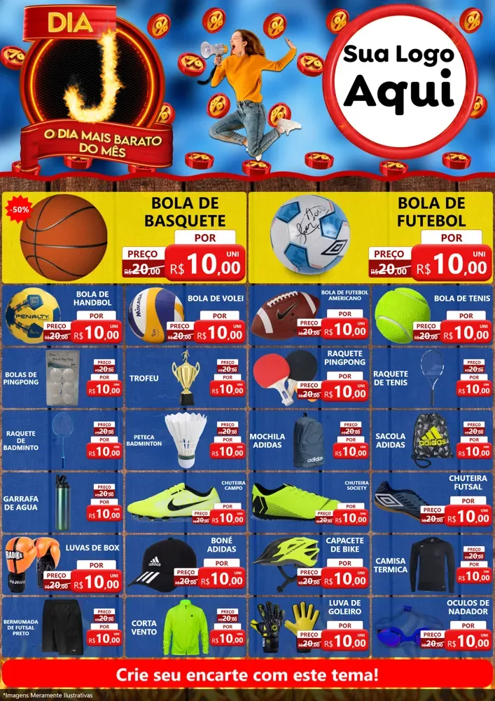 Modelo de Encarte para Encarte A4 Vertical com o tema Dia J - O Dia Mais Barato Do Mês para Artigos Esportivos