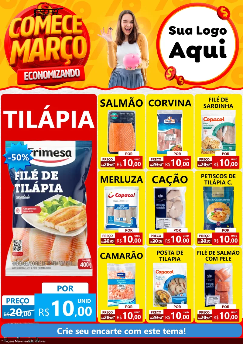 Modelo de Encarte para Encarte A4 Vertical com o tema Comece Março Economizando para Peixaria