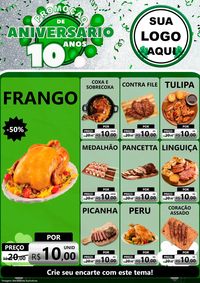 Modelo de Encarte para Encarte A4 Vertical com o tema Promoção de Aniversário - 10 Anos para Assados