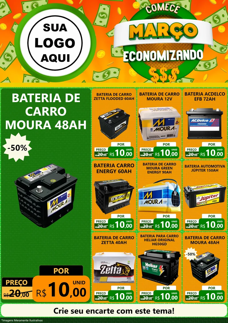 Modelo de Encarte para Encarte A4 Vertical com o tema Comece Março Economizando para Baterias Elétricas
