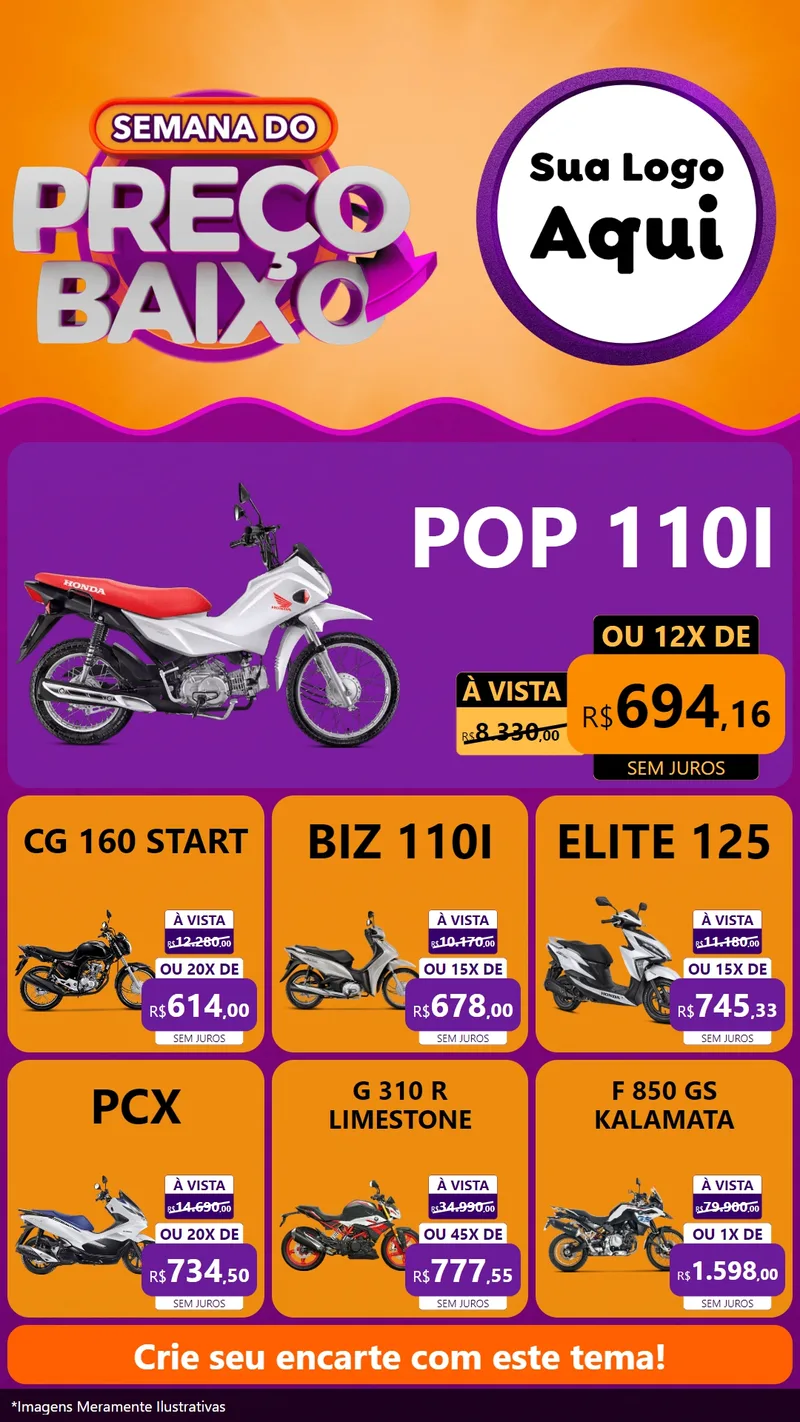 Modelo de Rede Social para Stories com o tema Semana do Preço Baixo para Concessionaria de Motos