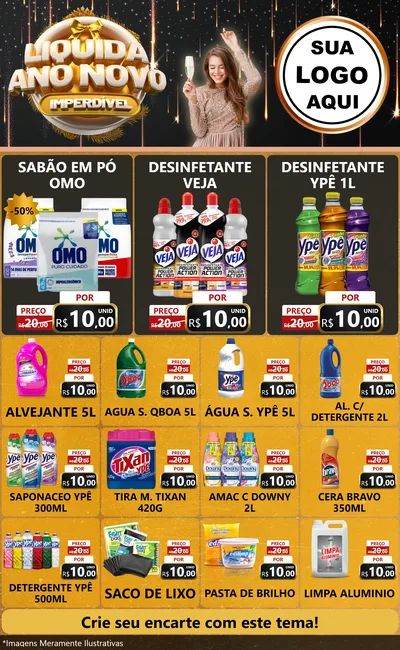 Modelo de Encarte para Encarte Grande com o tema Liquida Ano Novo Imperdível para Produtos de Limpeza