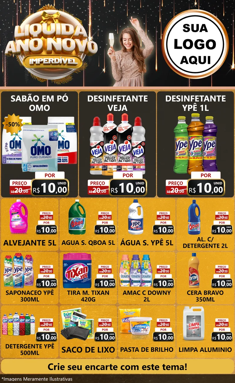 Modelo de Encarte para Encarte Grande com o tema Liquida Ano Novo Imperdível para Produtos de Limpeza