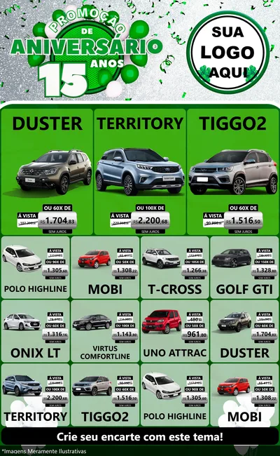 Modelo de Encarte para Encarte Grande com o tema Promoção de Aniversário - 15 Anos para Concessionaria de Carros
