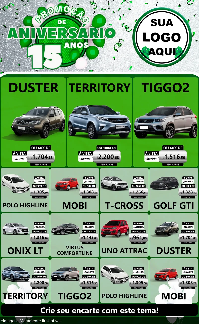 Modelo de Encarte para Encarte Grande com o tema Promoção de Aniversário - 15 Anos para Concessionaria de Carros