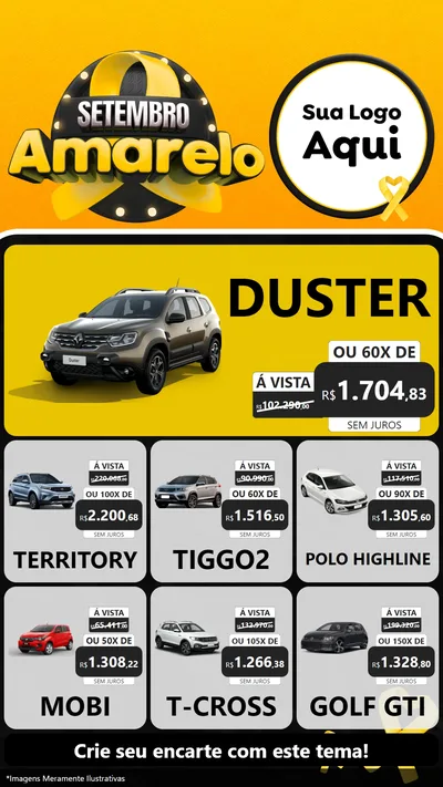 Modelo de Rede Social para Stories com o tema Setembro Amarelo para Concessionaria de Carros