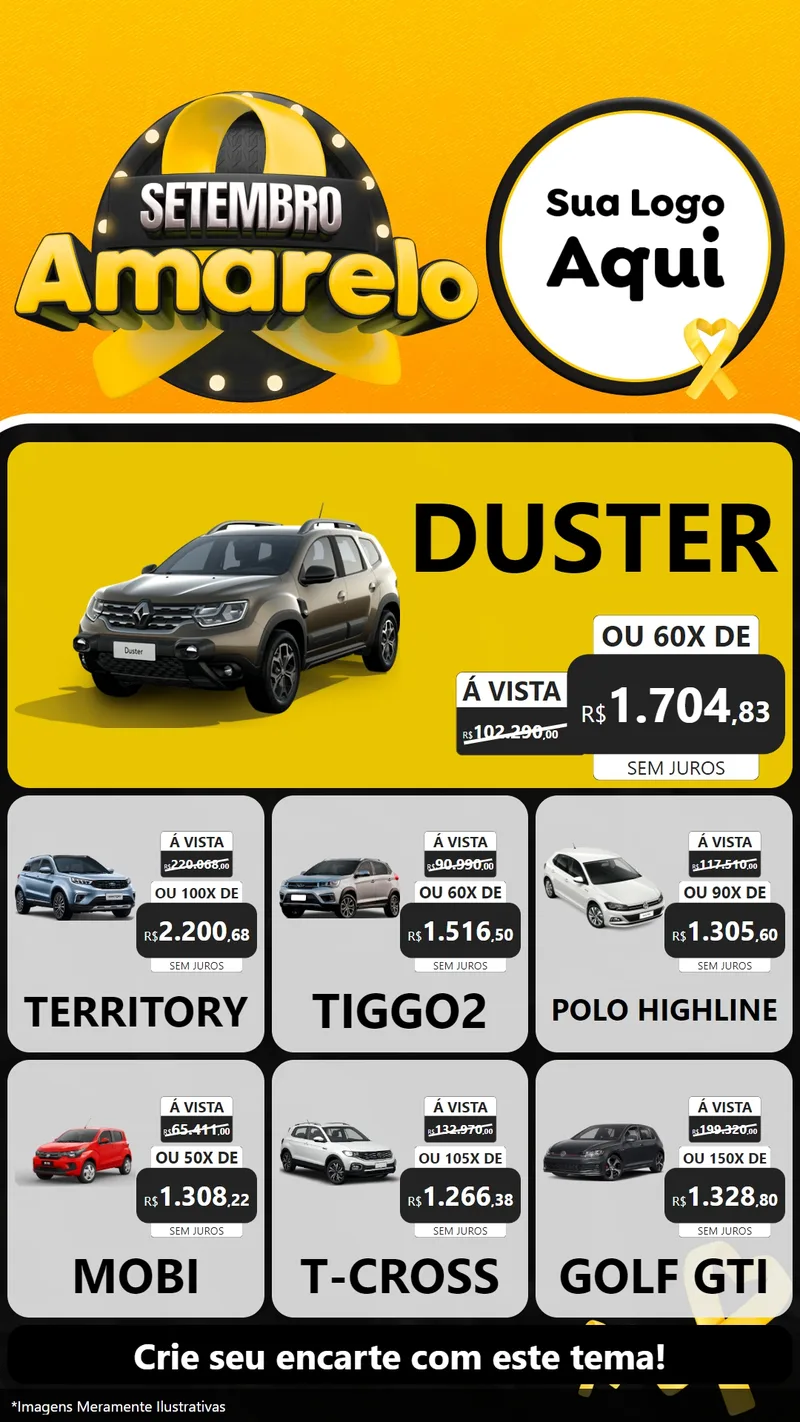 Modelo de Rede Social para Stories com o tema Setembro Amarelo para Concessionaria de Carros