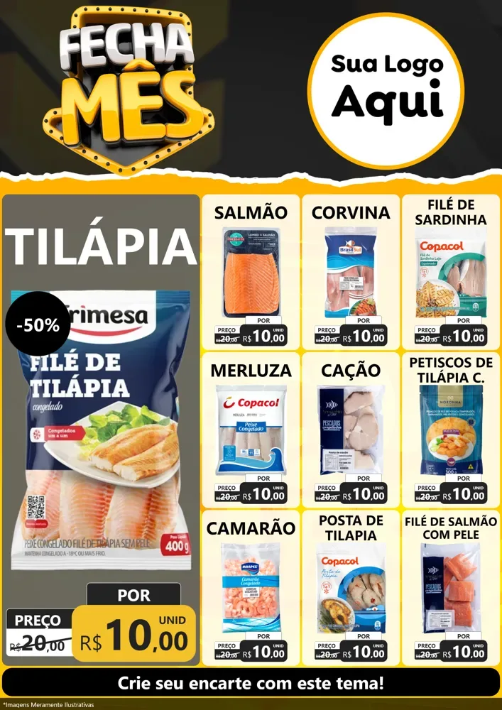 Modelo de Encarte para Encarte A4 Vertical com o tema Fecha Mês para Peixaria