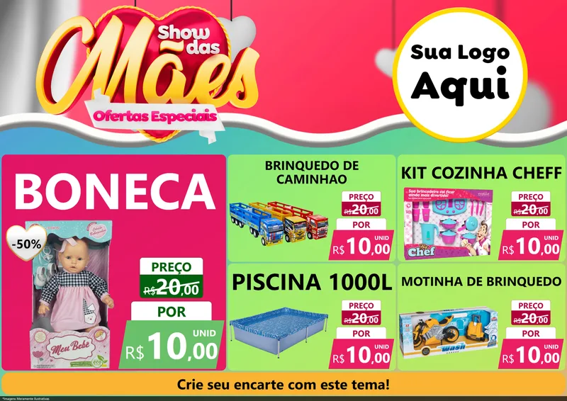 Modelo de Encarte para Encarte A4 Horizontal com o tema Show das Mães - Ofertas Especiais para Brinquedos
