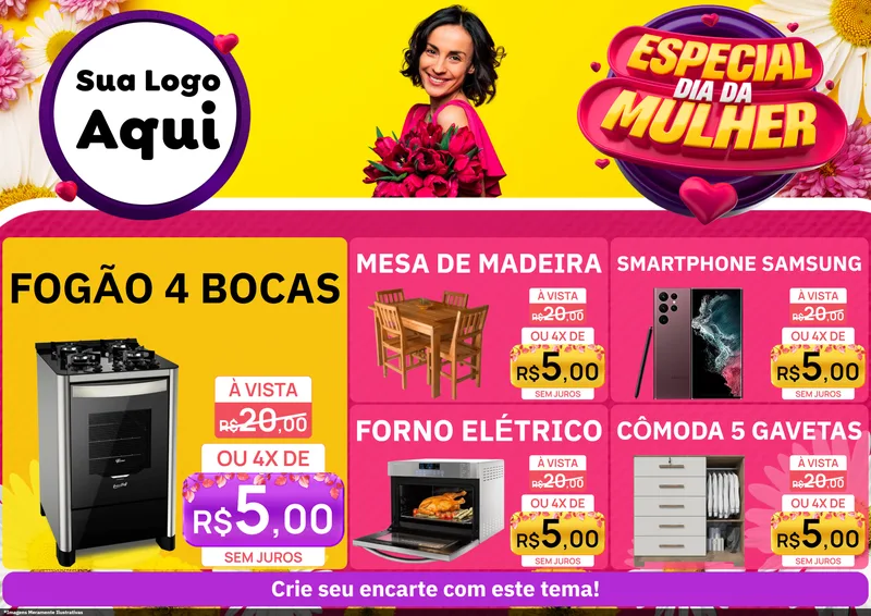 Modelo de Encarte para Encarte A4 Horizontal com o tema Especial Dia da Mulher para Móveis e Eletro
