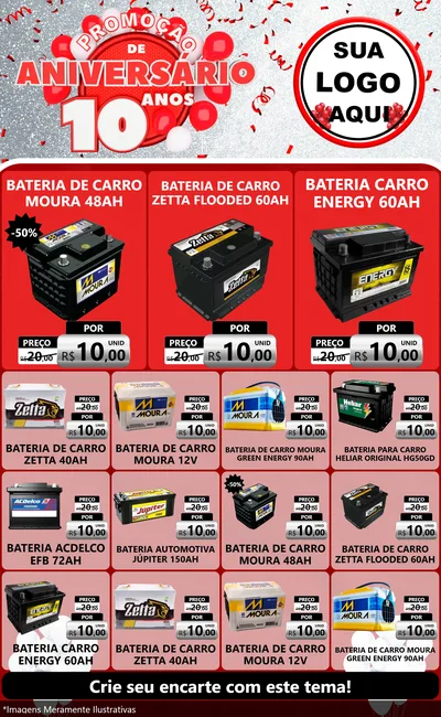 Modelo de Encarte para Encarte Grande com o tema Promoção de Aniversário - 10 Anos para Baterias Elétricas