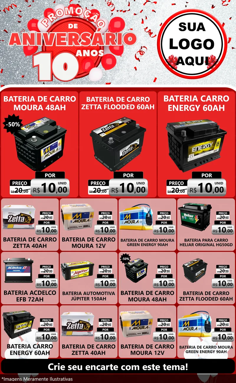 Modelo de Encarte para Encarte Grande com o tema Promoção de Aniversário - 10 Anos para Baterias Elétricas