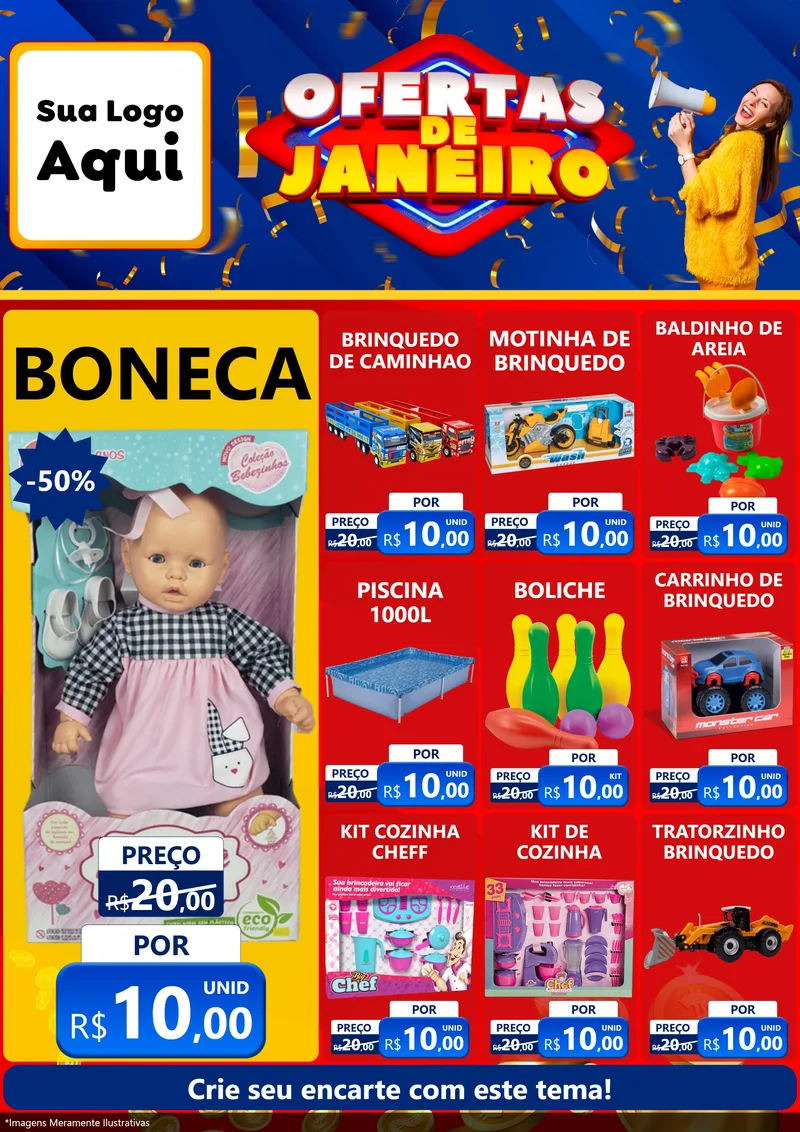Modelo de Encarte para Encarte A4 Vertical com o tema Ofertas de Janeiro para Brinquedos