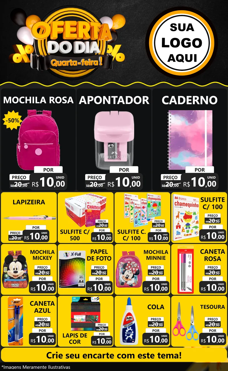 Modelo de Encarte para Encarte Grande com o tema Oferta do Dia - Quarta Feira! para Papelaria