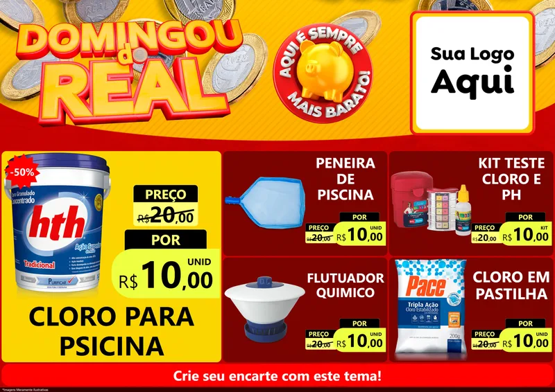 Modelo de Encarte para Encarte A4 Horizontal com o tema Domingou do Real para Produtos para Piscina