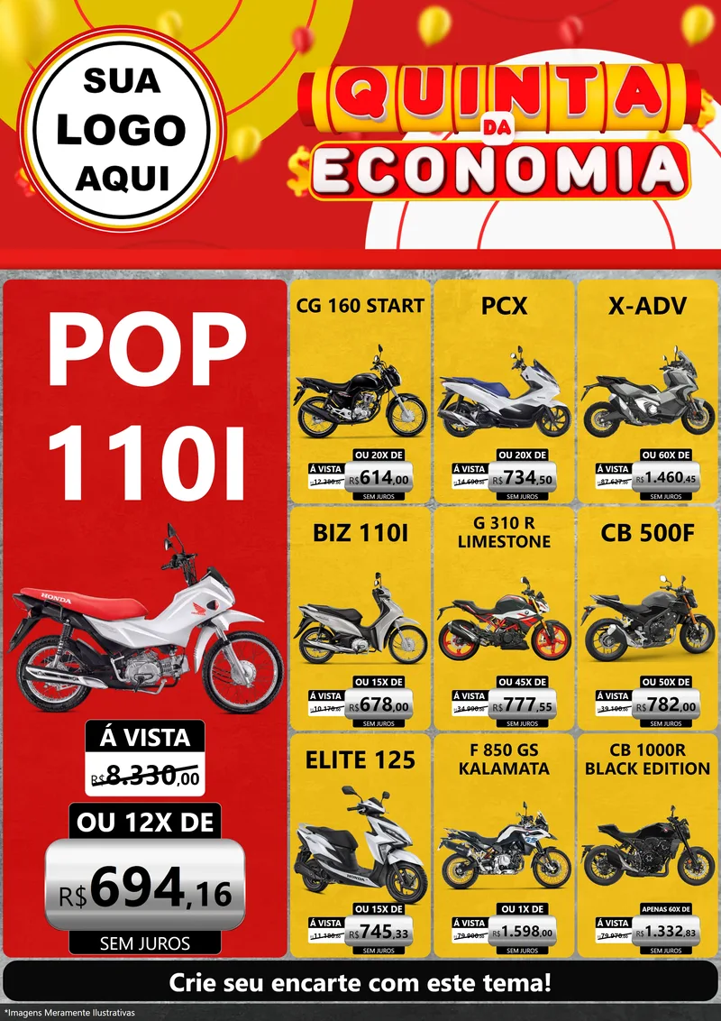 Modelo de Encarte para Encarte A4 Vertical com o tema Quinta da Economia para Concessionaria de Motos