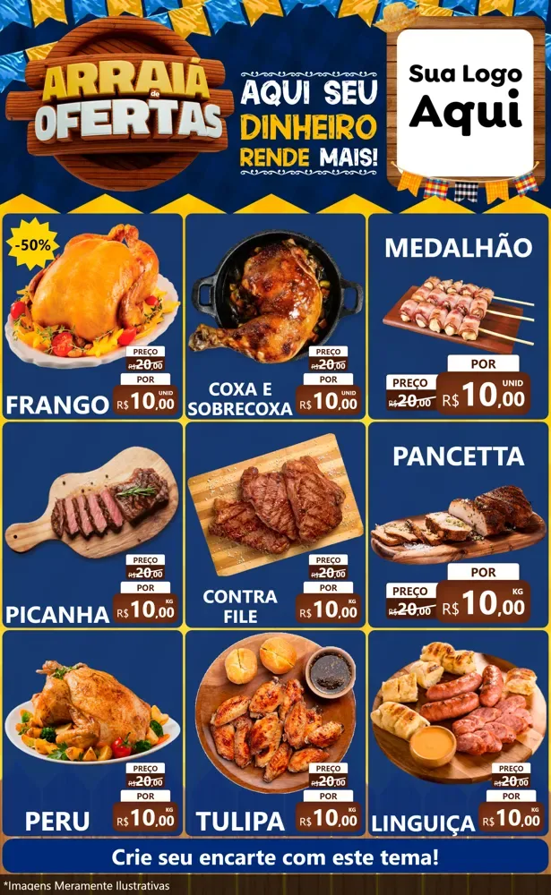 Modelo de Encarte para Encarte Grande com o tema Arraiá de Ofertas - Junina para Assados
