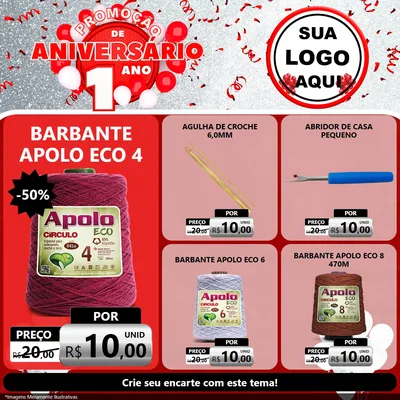 Modelo de Rede Social para Feed Facebook com o tema Promoção de Aniversário - 1 Ano para Armarinho e Aviamentos