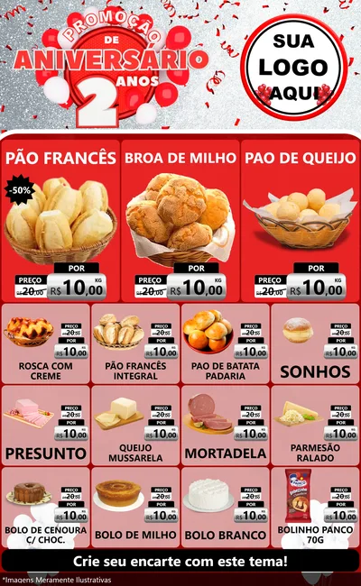 Modelo de Encarte para Encarte Grande com o tema Promoção de Aniversário - 2 Anos para Padaria