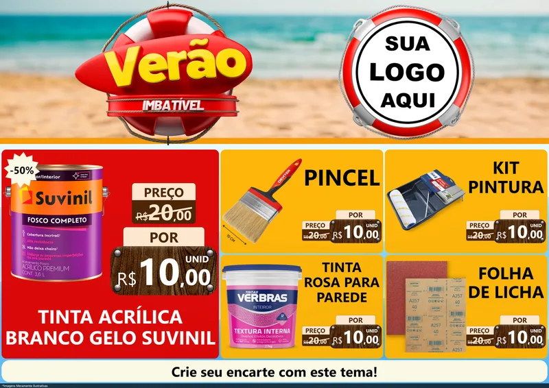 Modelo de Encarte para Encarte A4 Horizontal com o tema Verão Imbatível para Tintas e Ferramentas