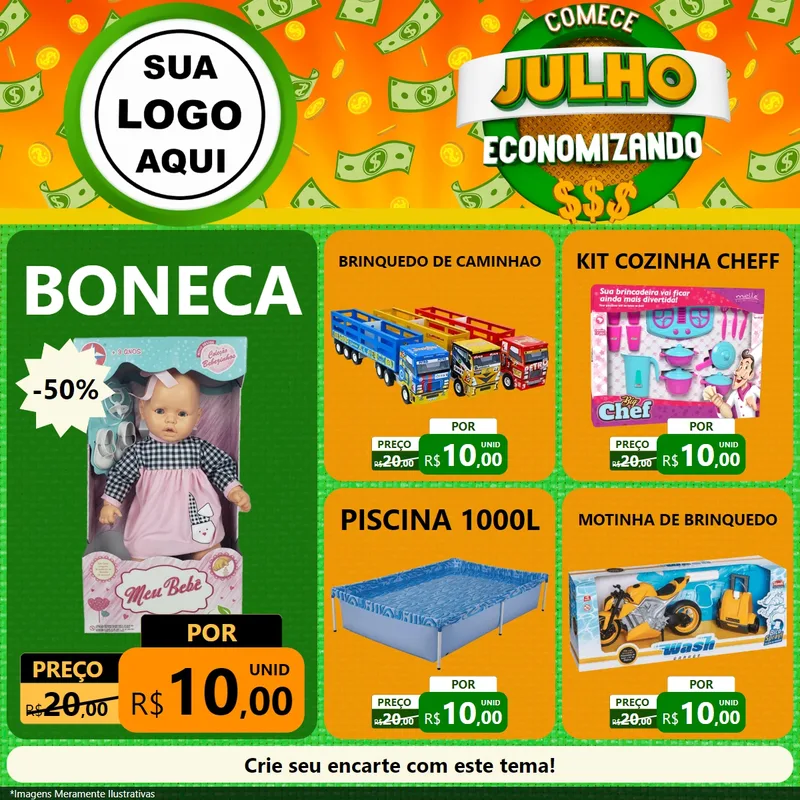 Modelo de Rede Social para Feed Facebook com o tema Comece Julho Economizando para Brinquedos
