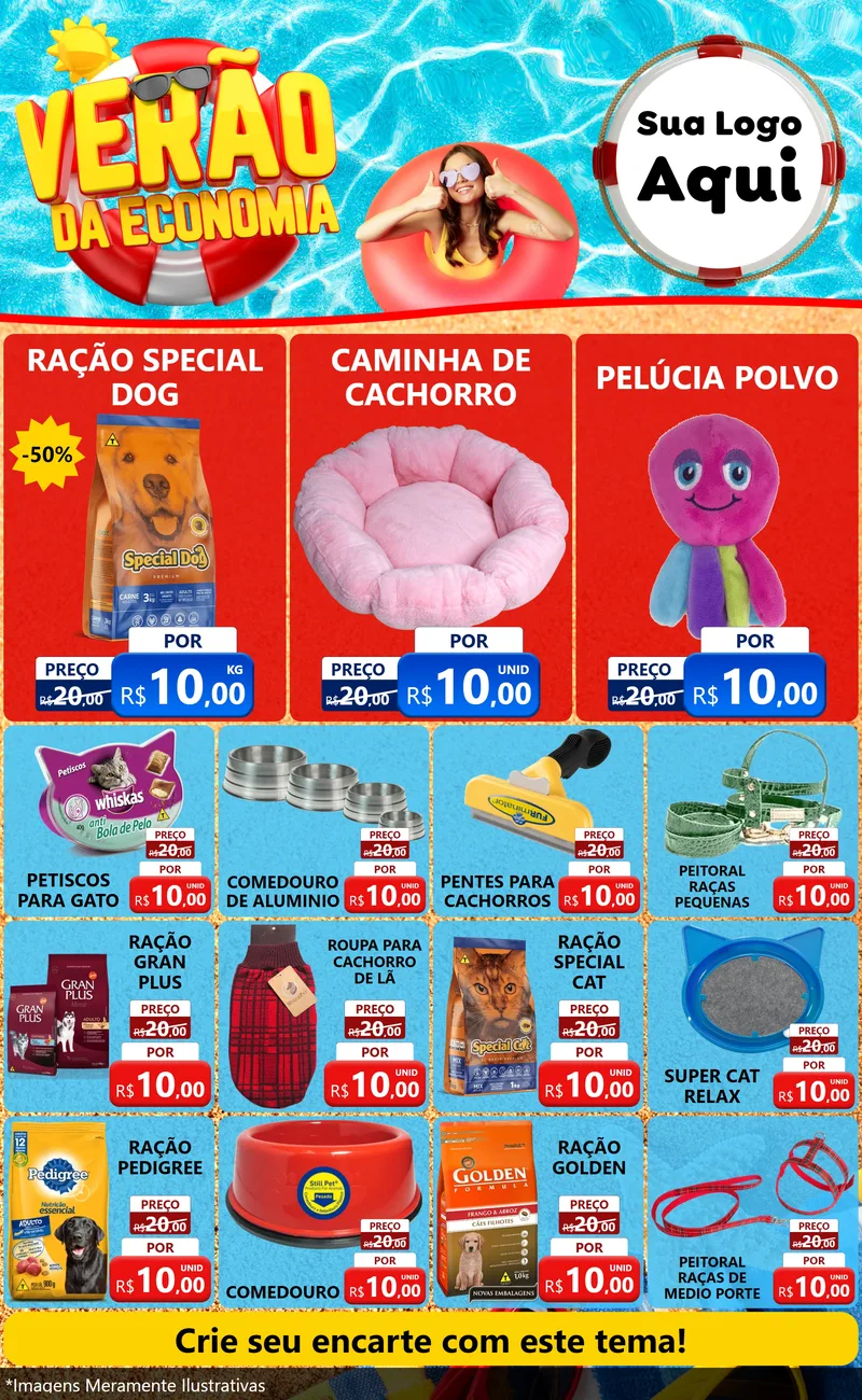 Modelo de Encarte para Encarte Grande com o tema Verão da Economia para Pet Shop