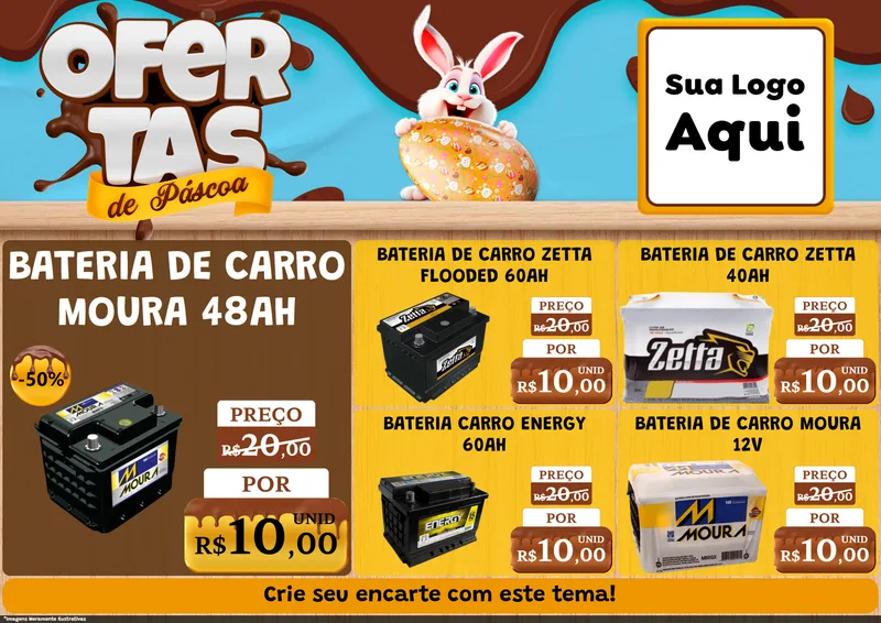 Modelo de Encarte para Encarte A4 Horizontal com o tema Ofertas de Páscoa para Baterias Elétricas
