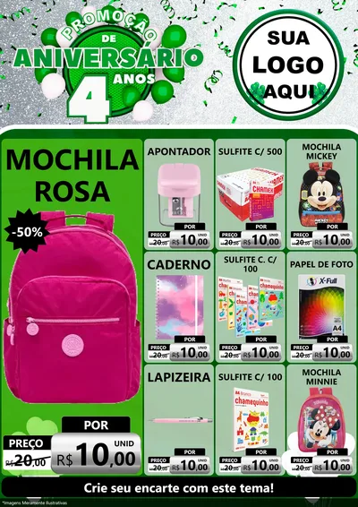 Modelo de Encarte para Encarte A4 Vertical com o tema Promoção de Aniversário - 4 Anos para Papelaria