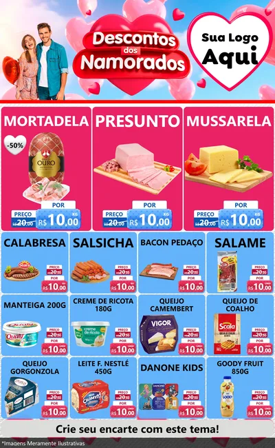 Modelo de Encarte para Encarte Grande com o tema Descontos dos Namorados para Frios e Laticínios