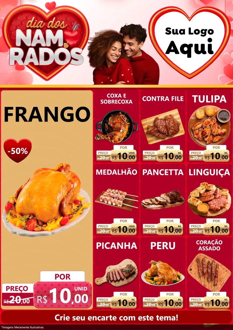 Modelo de Encarte para Encarte A4 Vertical com o tema Dia dos Namorados para Assados