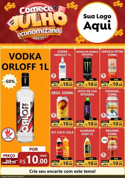 Modelo de Encarte para Encarte A4 Vertical com o tema Comece Julho Economizando para Distribuidora de bebidas